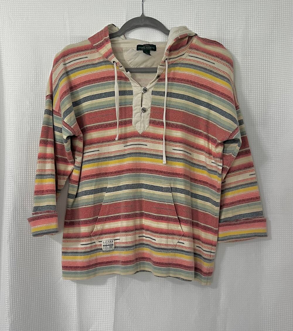 Lauren Jeans Co LRL Y2K Southwestern Striped Hoodie Henley Pullover Womens Sz L